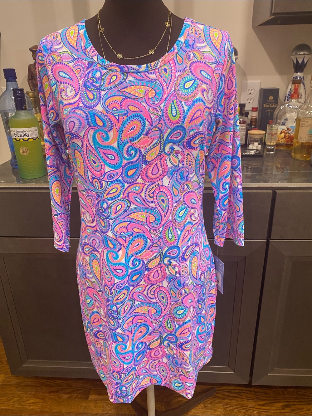 Lulu B stretch dress rounded collar vibrant paisley resort wrinkle free SPF - Picture 3 of 17